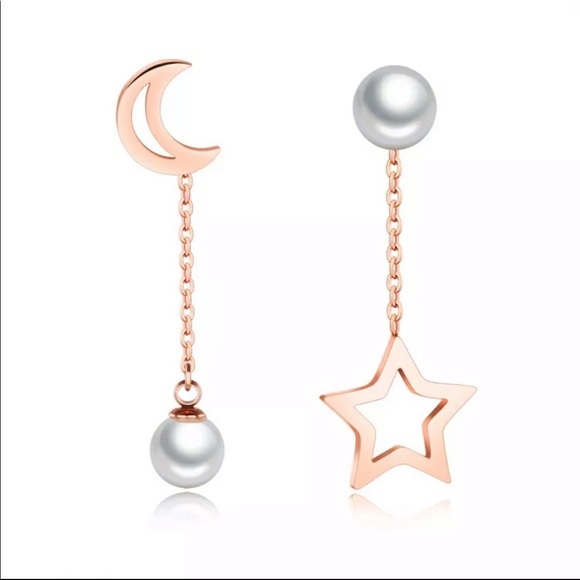 Moon and Star Long Pearl Chain Drop Earrings. - Picture 6 of 6